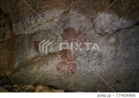 Rock art or cave paintings are the artistic expressions of early human beings-pre-historic and historic. In India they are mostly available in the form of sketches and paintings in sandstone rocks, Rock art or cave paintings are the artistic expressions of early human beings-pre-historic and historic. In India they are mostly available in the form of sketches and paintings in sandstone rocks, 77409966