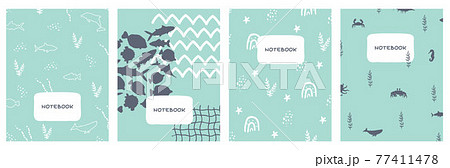 Modern abstract set of blue sea ocean covers designs. Cute simple geometric backgrounds, vector illustrations for notebooks, planners, books, brochures, catalogs Modern abstract set of blue sea ocean covers designs. Cute simple geometric backgrounds, vector illustrations for notebooks, planners, books, brochures, catalogs 77411478