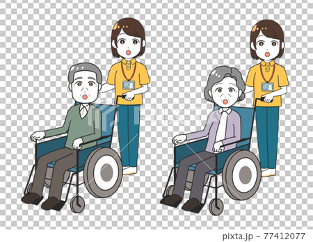 車いす 高齢者 女性介護士 疑問のイラスト素材