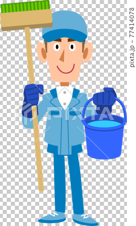 Male cleaning worker with a brush and bucket 77414078