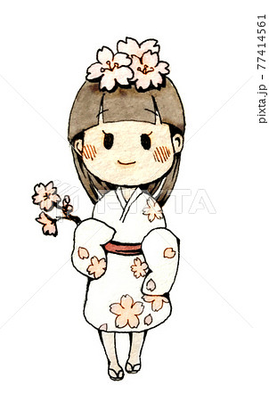 桜柄の着物を着た女の子のイメージイラストのイラスト素材