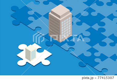 企業とパズルピース、経営統合・M＆Aのイラストイメージ、ベクター 77415307