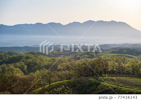 爽やかな初夏の朝雲海が浮かぶ阿蘇の草原の風景 77416143