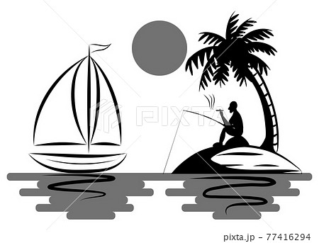 A man are fishing and smoking comfortably. On an island in the middle of the sea that has coconut trees. And there is a sailboat floating next to it 77416294