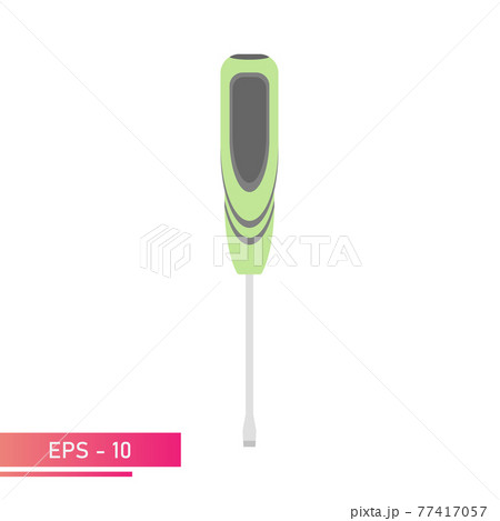 A flat screwdriver with a green handle and black rubber elements. Realistic design. On a white background. Tools for any specialist. Flat vector illustration. 77417057