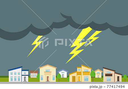 カミナリと町並みのイラストイメージ カミナリと町並みのイラストイメージ 77417494