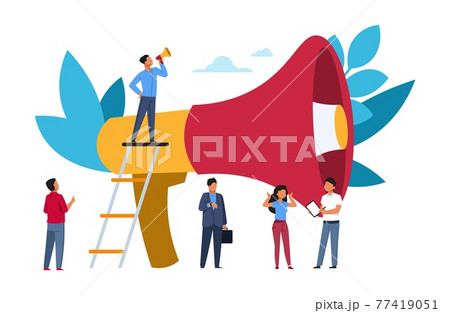 People shouting into loudspeaker. Attracting audience. Man speaks using megaphone. Characters listen to speaker s speech. Public promotional announcement. Vector marketing campaign 77419051