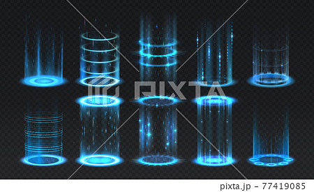 Realistic portal. Level up and teleportation process game effect, futuristic lighting and bright wrap aura. Glowing neon energy circles set. Vector vertical teleport with luminous beams 77419085
