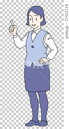 A woman in a vest skirt suit uniform who puts her hand on her waist with her finger and talks A woman in a vest skirt suit uniform who puts her hand on her waist with her finger and talks 77422119