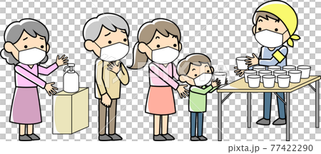 感染対策をしながらの避難所の炊き出しのイラスト素材
