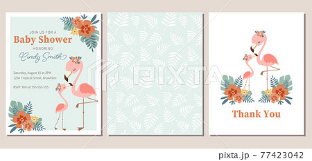フラミンゴテーマのベビーシャワー招待状 お礼状 パターンのセットのイラスト素材