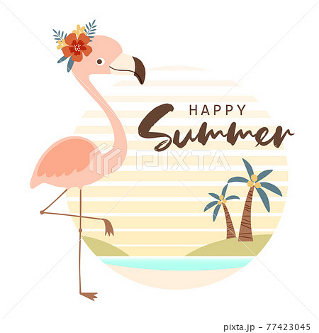 夏のビーチの背景に立っているフラミンゴのイラストのイラスト素材