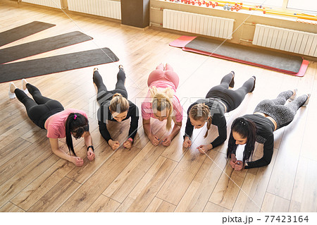 Group of young women doing plank together in gym Group of young women doing plank together in gym 77423164