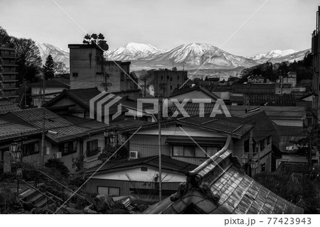 aerial view of Shibu onsen town and central alps 77423943