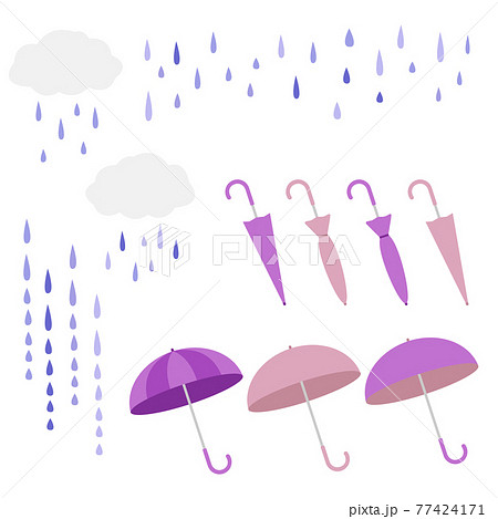 雨雲と傘のベクターイラストセット ピンクのイラスト素材