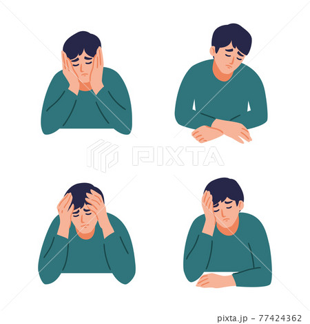 Man is having a headache. Boy feels anxiety and depression. Psychological health concept. Nervous, apathy, sadness, sorrow, unhappy, desperate, migraine. Flat vector illustration. Man is having a headache. Boy feels anxiety and depression. Psychological health concept. Nervous, apathy, sadness, sorrow, unhappy, desperate, migraine. Flat vector illustration. 77424362