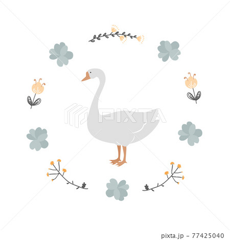 Vintage floral wreath frame with white goose, vector cartoon illustration 77425040