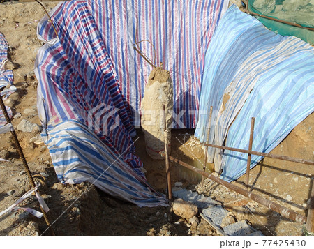 SEREMBAN, MALAYSIA -MARCH 05, 2021:  Construction workers cutting concrete bore pile up to the determined level at the construction site. Stage fo work before fabricating the pile cap.   77425430