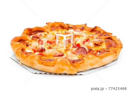 Cheese and Ham Pizza on a white background 77425466