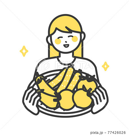 野菜の乗ったざるを持つ女性のイラスト素材 野菜の乗ったざるを持つ女性のイラスト素材 77426026