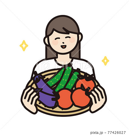 野菜の乗ったざるを持つ女性のイラスト素材 77426027