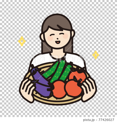 野菜の乗ったざるを持つ女性のイラスト素材 77426027