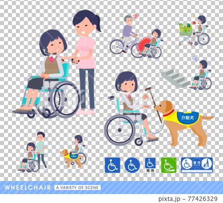 車椅子に乗るインカムをつけたビジネス女性のセットのイラスト素材
