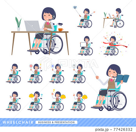 車椅子に乗るインカムをつけたビジネス女性のセット 77426332