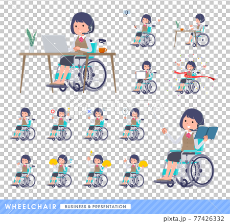 車椅子に乗るインカムをつけたビジネス女性のセット 77426332
