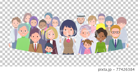 大勢の前に立つインカムをつけたビジネス女性のセット 77426384