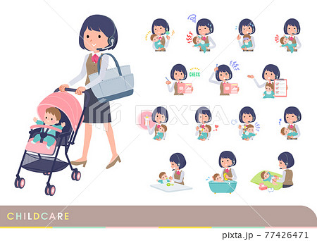 赤ちゃんのお世話をするインカムをつけたビジネス女性のセット 77426471