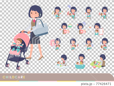 赤ちゃんのお世話をするインカムをつけたビジネス女性のセット 77426471