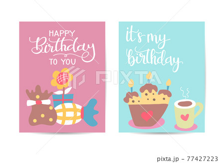 Happy birthday greeting card. Lovely birthday Cakes with candles. Happy birthday greeting card. Lovely birthday Cakes with candles. 77427223