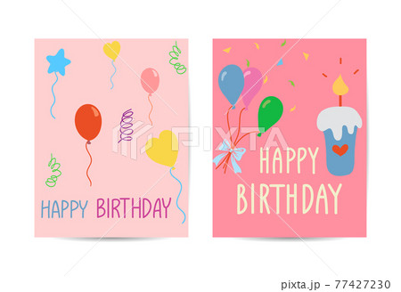 Set of cute creative birthday card templates. Hand Drawn card for birthday, party invitations, scrapbook, summer holidays. Vector illustration in pink, green and turquoise colors Set of cute creative birthday card templates. Hand Drawn card for birthday, party invitations, scrapbook, summer holidays. Vector illustration in pink, green and turquoise colors 77427230