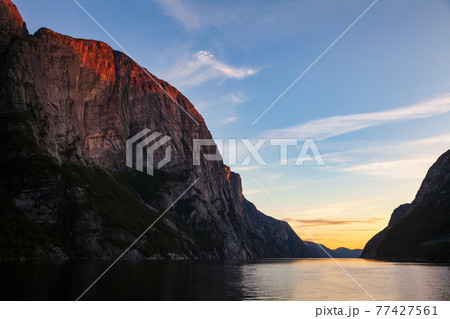 Sunset over Lysefjord Forsand Rogaland Norway Scandinavia 77427561