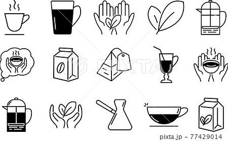 Coffee and tea icons. Contain french press, cup of tea or coffee, hands with tea leaf and other. Coffee and tea icons. Contain french press, cup of tea or coffee, hands with tea leaf and other. 77429014