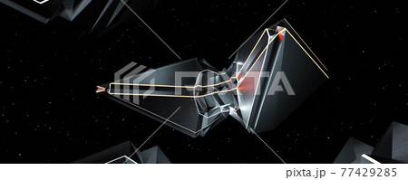 futuristic space ship in dark space with colourful neon lights and dark surface 3d render illustration 77429285