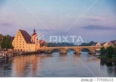 Stone Bridge over Danube river at Regensburg Bavaria Germany Stone Bridge over Danube river at Regensburg Bavaria Germany 77430113