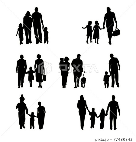 ピープル 透過 自然 家族 団らん 休日 休み 週末 公園 子ども 人々 群衆 シルエット モノクロのイラスト素材