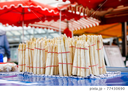 Asparagus for sale at market stall in Bavaria Germany Asparagus for sale at market stall in Bavaria Germany 77430690
