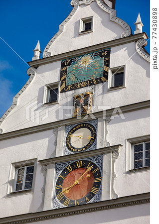 Sundial astronomical clock at tavern building facade Rothenburg ob der Tauber Old Town Bavaria Germany Sundial astronomical clock at tavern building facade Rothenburg ob der Tauber Old Town Bavaria Germany 77430898