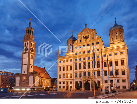 Perlach Tower and Town Hall at Rathausplatz Augsburg Swabia Bavaria Germany 77431627