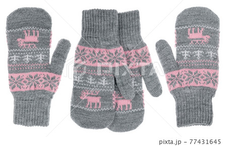 Grey knitted mittens with pink geometric ornament isolated on white background Grey knitted mittens with pink geometric ornament isolated on white background 77431645