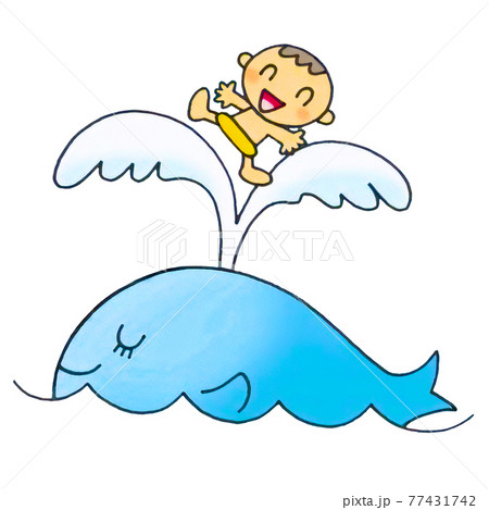クジラと少年のシンプルなかわいいイラストのイラスト素材