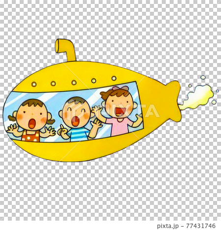 潜水艦に乗って笑顔の子供のイラストのイラスト素材