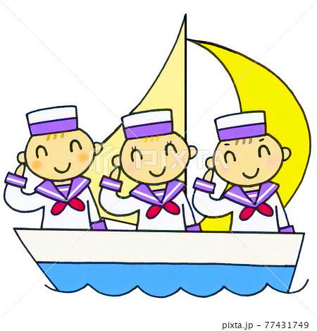 ヨットに乗ったシンプルなかわいい子供たちのイラストのイラスト素材