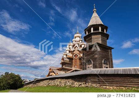 Transfiguration Church with Bell Tower at Kizhi Pogost historical site Onega lake Karelia Russia Transfiguration Church with Bell Tower at Kizhi Pogost historical site Onega lake Karelia Russia 77431825