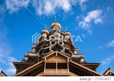 Transfiguration Church at Kizhi Pogost historical site Onega lake Karelia Russia Transfiguration Church at Kizhi Pogost historical site Onega lake Karelia Russia 77431827