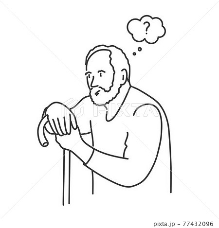 Elderly man leans on a cane. 77432096