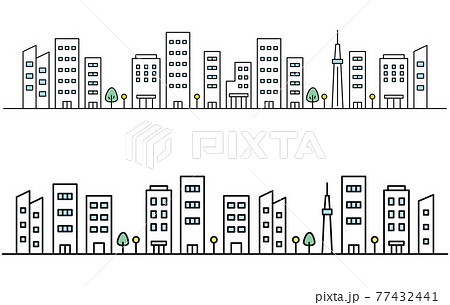 シンプルな都会の街並み ビル 線画カラーのイラスト素材